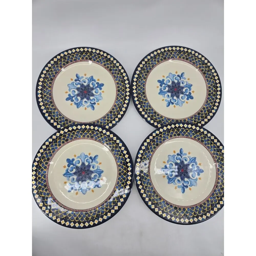 4 pc Set Williams Sonoma Sicily Thick Melamine 10.75” Dinner Plates Blue Yellow